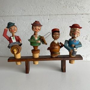 Antique Anri Set of 4 Hand Carved Mechanical Wine Stopper Puppets Folk Art